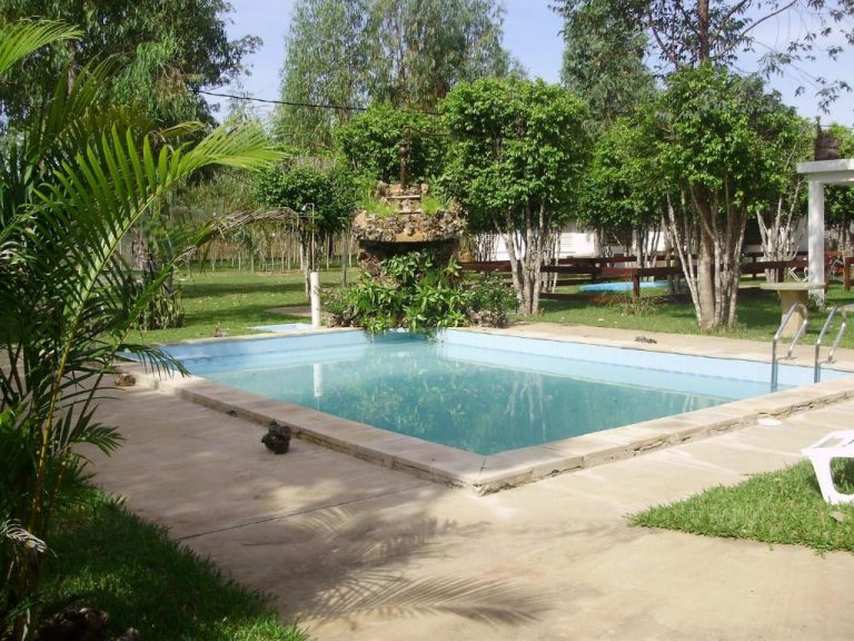 Piscina exterior rectangular con jardín y árboles en el Hotel Ruta del Sol