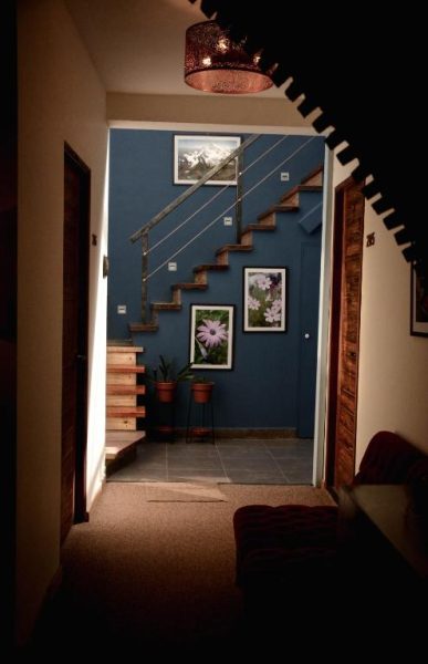 Escalera interior con pared azul y cuadros decorativos del Cooper Hotel Boutique