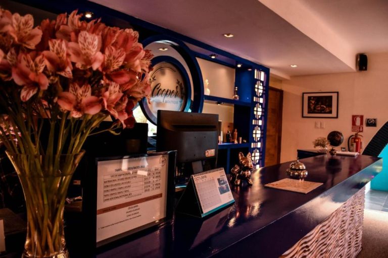 Recepción elegante del Cooper Hotel Boutique con flores, monitor y tarifas en el mostrador de check-in