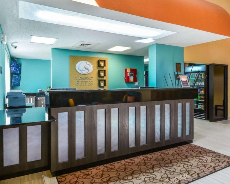 Recepción y lobby del Comfort Suites Tampa Brandon con mostrador moderno y decoración en colores turquesa