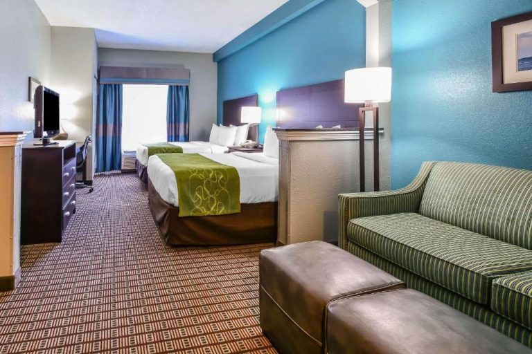 Habitación doble con dos camas, sofá a rayas y pared azul en Comfort Suites Tampa Brandon