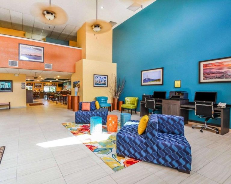 Lobby colorido con zona de descanso y área de trabajo del Comfort Suites Tampa Brandon