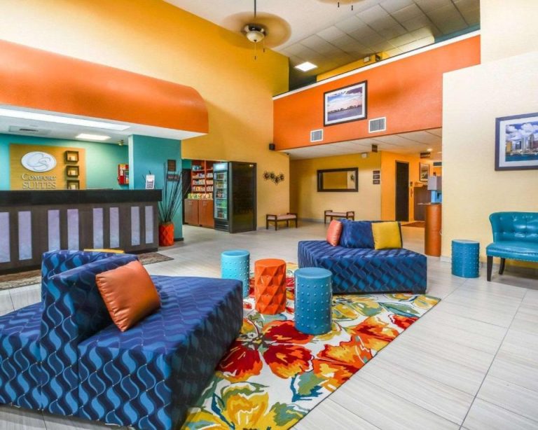 Lobby colorido con sofás azules y recepción del Comfort Suites Tampa Brandon en Florida
