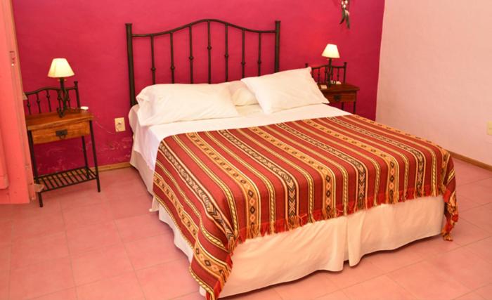 Habitación doble con cama matrimonial y cabecero de hierro forjado en Alquimia Posada