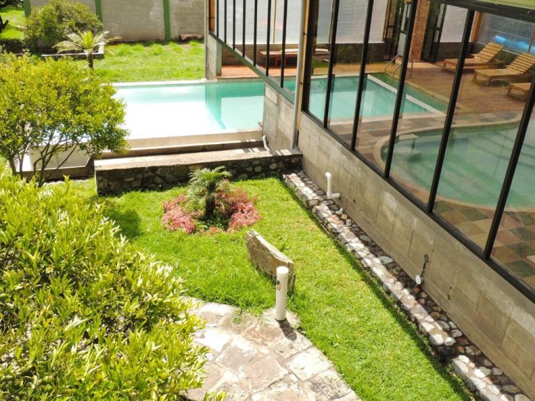 Piscina interior y exterior con jardín tropical en Hotel La Casta, rodeada de vegetación y tumbonas