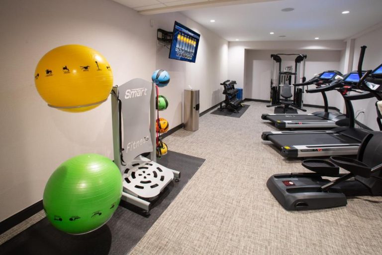 Gimnasio completamente equipado con cintas de correr y pelotas de fitness en The Delaney Hotel
