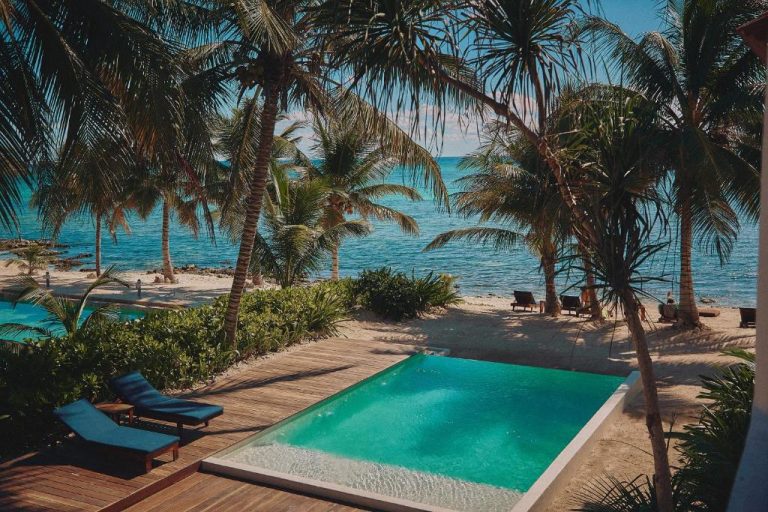 Piscina privada con terraza de madera y vistas al mar en Casa Altamar rodeada de palmeras