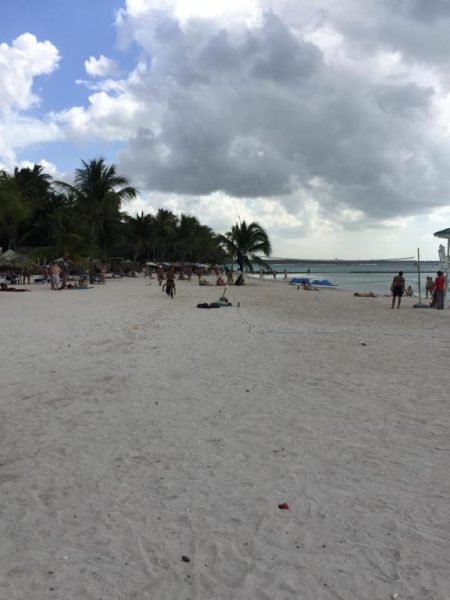 Playa de arena blanca con palmeras y bañistas del hotel Terraza del Caribe en el Caribe