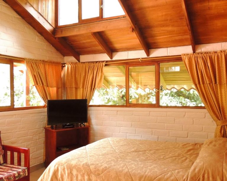 Habitación con techo de madera y vigas vistas, cama doble y televisor en Hotel La Casta