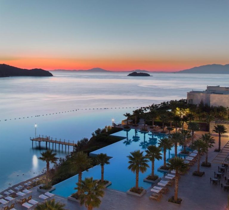 Piscina infinita con vistas al mar y palmeras al atardecer en el hotel Xanadu Island