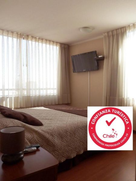 Habitación doble con cama matrimonial y televisor en Personal Aparts Bellas Artes, Chile