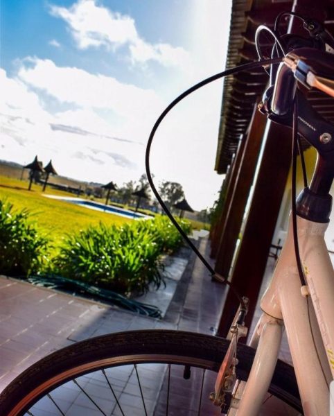 Bicicleta junto a la piscina y jardines del Hotel Santa Cristina en un día soleado
