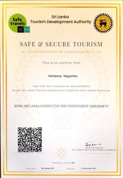 Certificado de Turismo Seguro y Cumplimiento del Sentido Heritance Negombo emitido por Sri Lanka Tourism