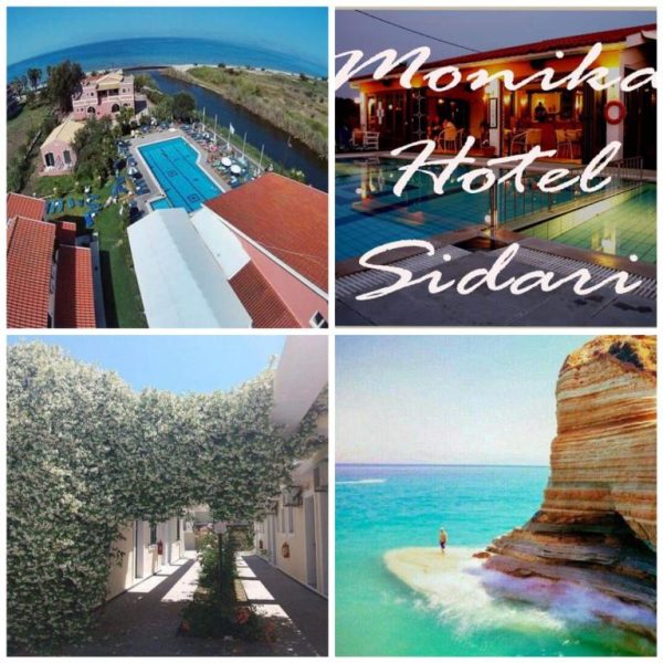 Collage del Monika Hotel Sidari en Corfú con piscina exterior, jardines y acantilados del mar