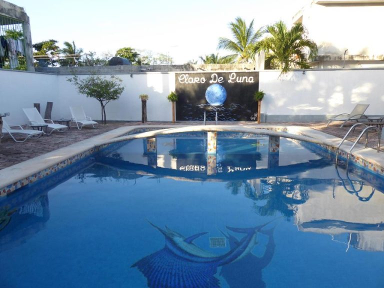 Piscina exterior con mural artístico y mosaico de marlín azul en el Hotel Claro de Luna