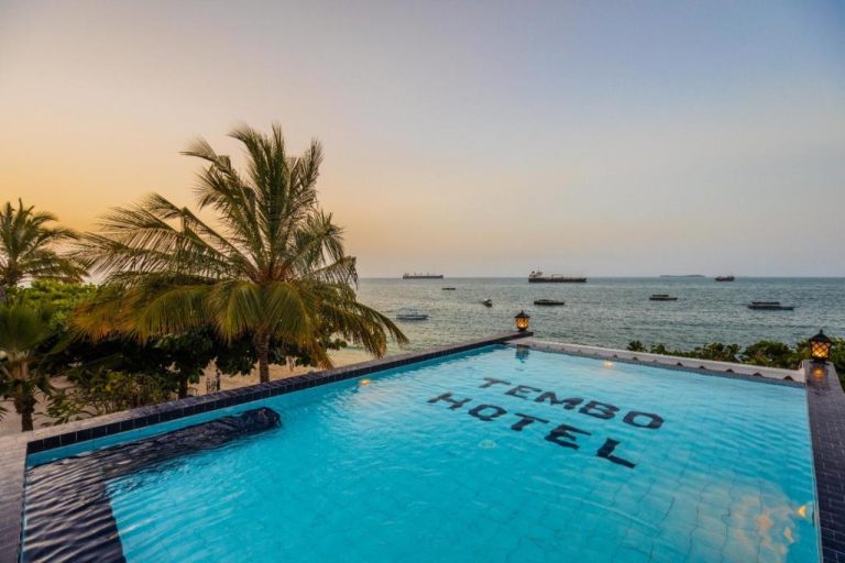 Piscina infinita con vistas al océano al atardecer en el Tembo House Hotel con palmeras tropicales
