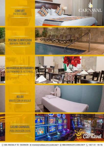 Instalaciones del Carnaval Hotel Casino en Encarnación: habitaciones, piscina climatizada, restaurante, spa y casino 24hs