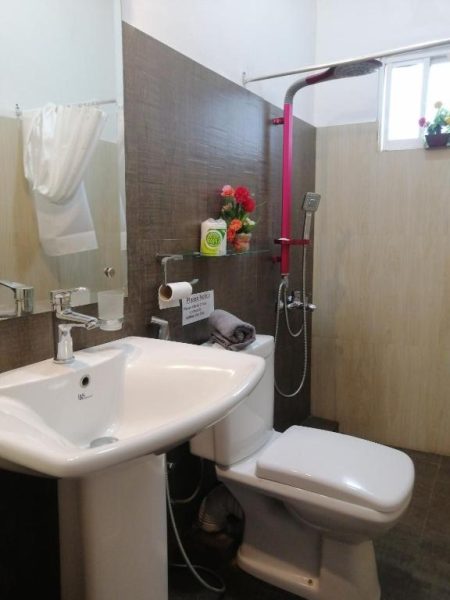 Baño completo con ducha, lavabo y WC moderno en Le Petit Hotel & Restaurant