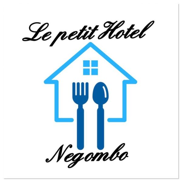 Logo oficial de Le Petit Hotel & Restaurant en Negombo con icono de casa y cubiertos en azul