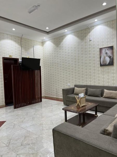 Sala de estar con sofás y mesa de centro en Ibra Plaza Hotel, decoración elegante con papel tapiz