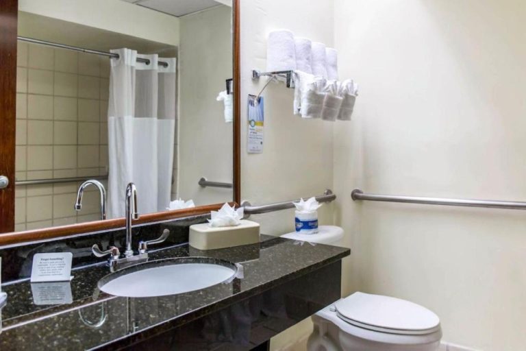 Baño accesible con barras de apoyo, lavabo de granito y toallas en Comfort Suites Tampa Brandon