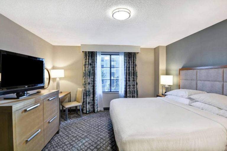 Habitación king con cama doble, televisor y escritorio en Embassy Suites by Hilton Orlando Downtown