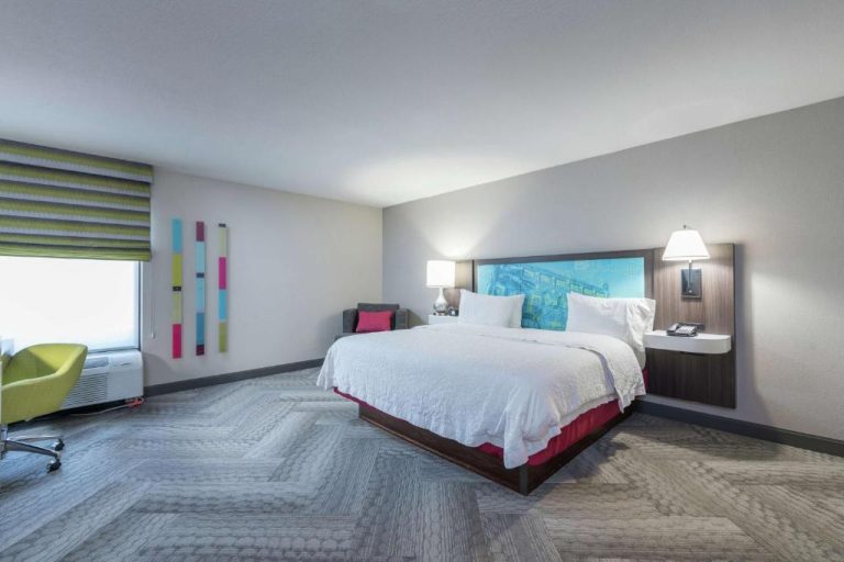 Habitación king con cama doble y decoración moderna en Hampton Inn Tampa Veterans Expressway