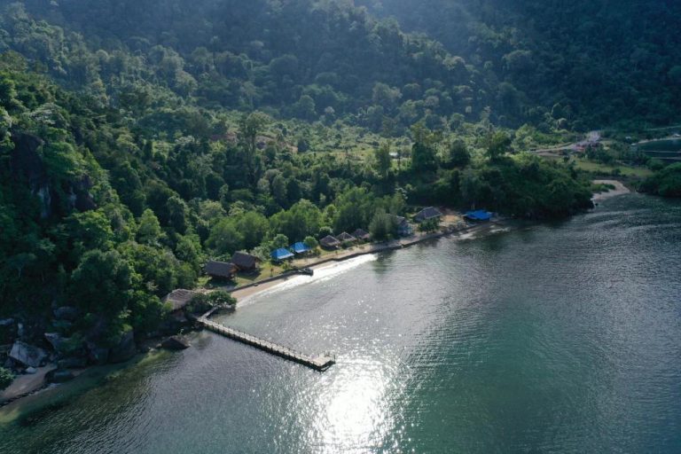Vista aérea de Ricky's Beach House con muelle privado, bungalows y playa rodeada de selva tropical