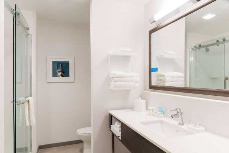 Baño moderno con ducha de cristal y lavabo del Hampton Inn & Suites Indianapolis-Keystone