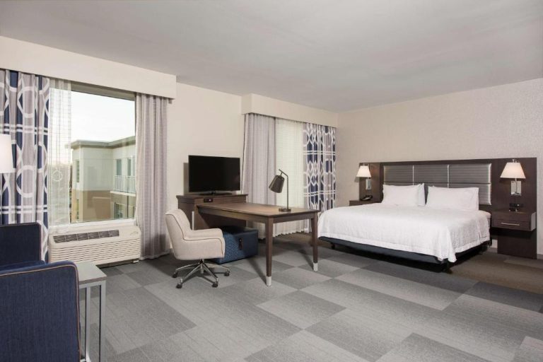 Habitación suite con cama king size y escritorio de trabajo en Hampton Inn & Suites Indianapolis-Keystone