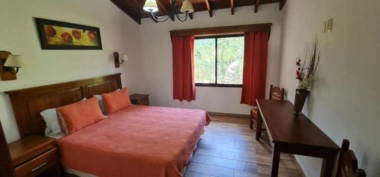Habitación doble con cama matrimonial y decoración en madera en Termas Posada del Siglo XIX