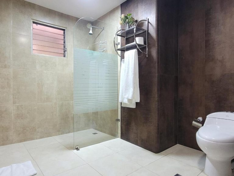 Baño moderno con ducha de cristal y sanitarios blancos en el Hotel Olimpo