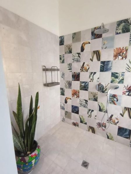 Baño con ducha y azulejos tropicales decorativos con tucanes y plantas en Hotel Amigo Nicaragua