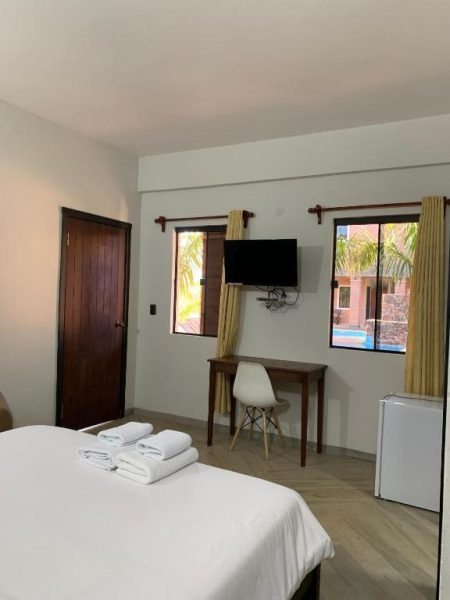 Habitación doble con cama, televisión y vistas a la piscina en Hotel Il Castello