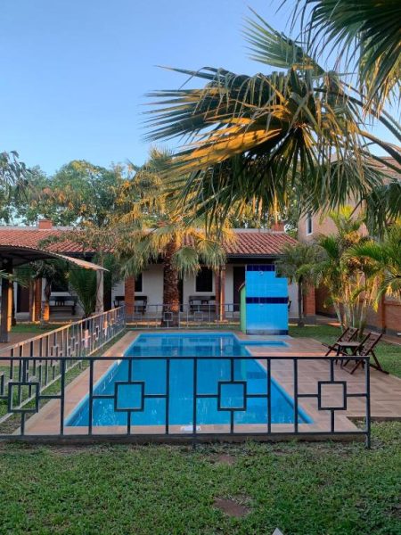 Piscina exterior con palmeras tropicales y jardín del Hotel Il Castello en día soleado