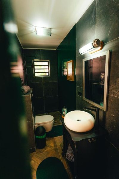 Baño moderno con azulejos oscuros y lavabo redondo blanco en Thuishaven Boutique Mini-Resort