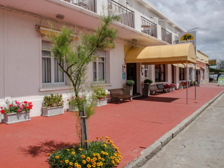 Fachada exterior del Hotel Tamariz con jardines florales, bancos y marquesina amarilla en la entrada