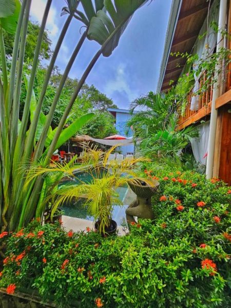 Jardín tropical con piscina y flores de BellaVista Suites by Villas Verdes en Samara Beach