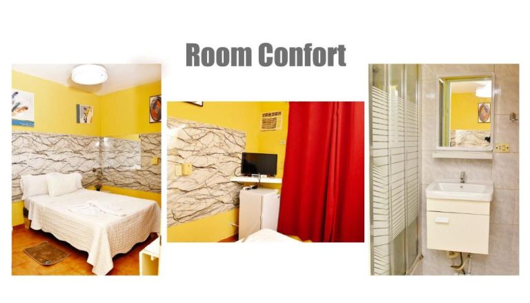 Habitación Confort del Hotel Mango con cama doble, TV, minibar y baño privado con ducha