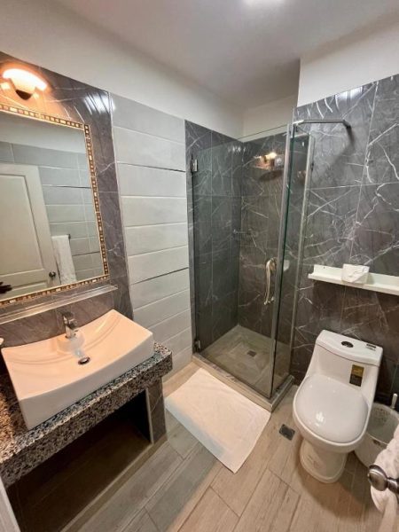 Baño moderno con ducha de cristal y revestimiento de mármol gris en Hotel Restaurant Hamilton