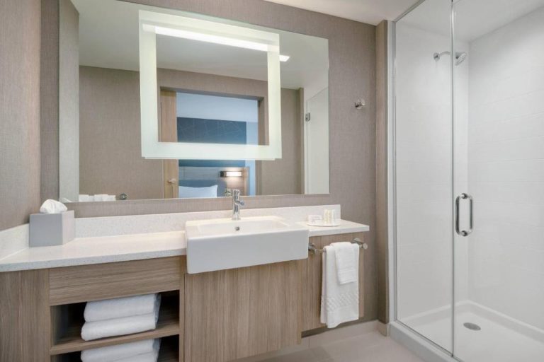 Baño moderno con ducha de cristal y lavabo del SpringHill Suites by Marriott Indianapolis Keystone