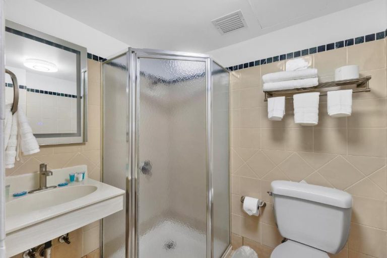 Baño completo con ducha de cristal, lavabo y toallas del Armas Hotel