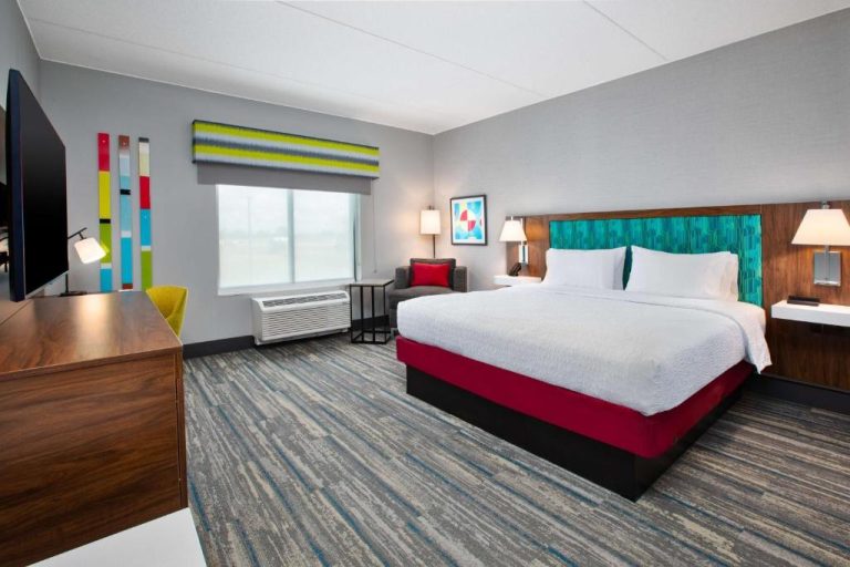 Habitación king con cama doble y decoración moderna en Hampton Inn & Suites Indianapolis South Greenwood