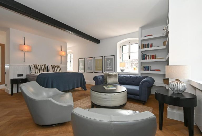 Salón y dormitorio combinados con sofás de cuero y estantería en MILIN DOM Premium Apartments