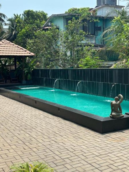 Piscina exterior con fuentes decorativas y escultura en Radha House Siolim Boutique Hotel en Goa