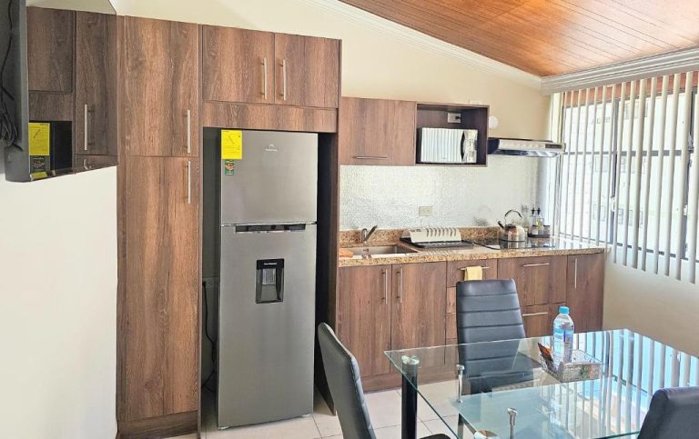 Cocina equipada con refrigerador, microondas y mesa de comedor en Altamira Apart Suites