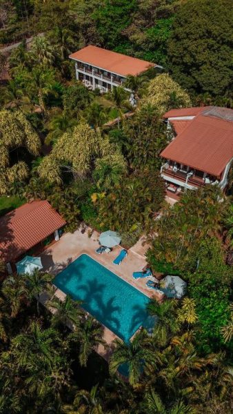 Vista aérea de la piscina exterior rodeada de vegetación tropical en Villa Del Sol Boutique Hotel