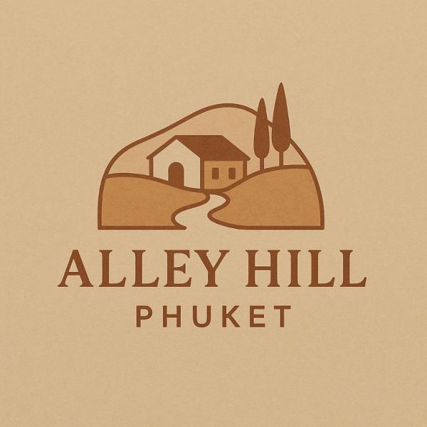 Logo oficial del hotel boutique Alley Hill Phuket con ilustración de casa en colinas y árboles