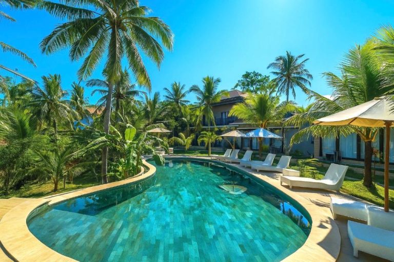 Piscina exterior de forma ovalada rodeada de palmeras tropicales en el Kelingking Tropical Hotel