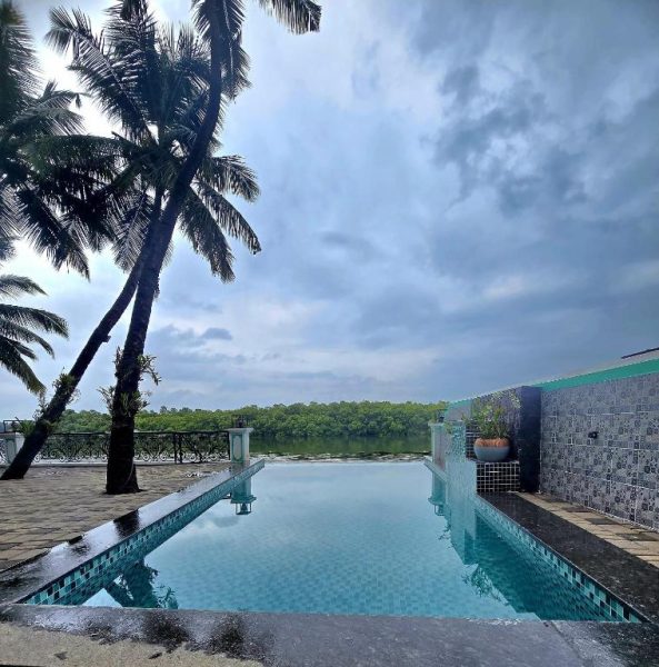 Piscina infinita del Hotel Nico's con vistas al manglar y palmeras tropicales bajo cielo nublado